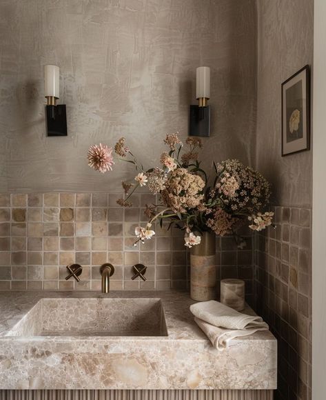 Serene & elegant 🤍 A powder room that exemplifies understated luxury with its exquisite blend of textures and natural tones. ••• Follow @newmodehome for more design inspiration and tips. #PowderRoom #BathroomDesign #InteriorDesign #LuxuryInteriors #ElegantSpaces #NaturalTones #DesignInspiration #MyNMH #TimelessDesign #SMMakelifebeautiful #cljsquad #powderroom #interiordecorating Al render by @newmodehome Nice Bathrooms, Luxury Powder Room, Warm Wood Tones, Floral House, Bathroom Sanctuary, 2024 Inspiration, Brand Aesthetic, Understated Luxury, Wood Tones