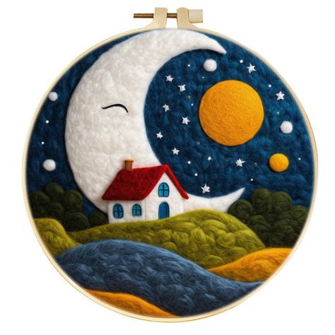 Needle Felting kit - Large Moon Night Sky Felt Gifts To Make, Needle Felting Designs, Wool Art On Canvas, Needle Felted Gifts, Felt Embroidery Projects, Easy Needle Felting Projects, 2d Needle Felting, Felt Sun, Needle Felt Art