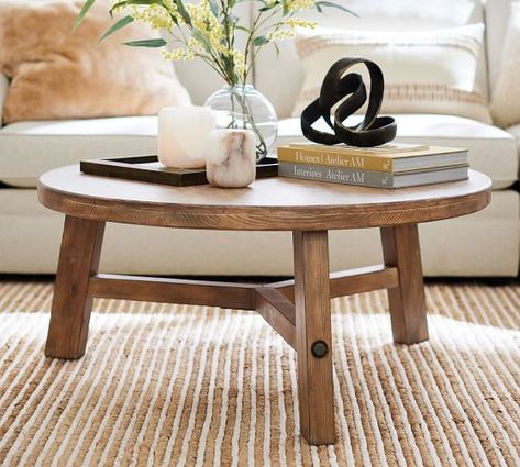 Glass, Wood and Metal Coffee Tables | Pottery Barn Circle Wood Coffee Table, Heritage Farmhouse, Coffee Table Circle, Farmhouse Round Coffee Table, Pottery Barn Farmhouse, Wooden Round Coffee Table, Round Coffee Table Rustic, Coffee Table Pottery Barn, Round Wooden Coffee Table