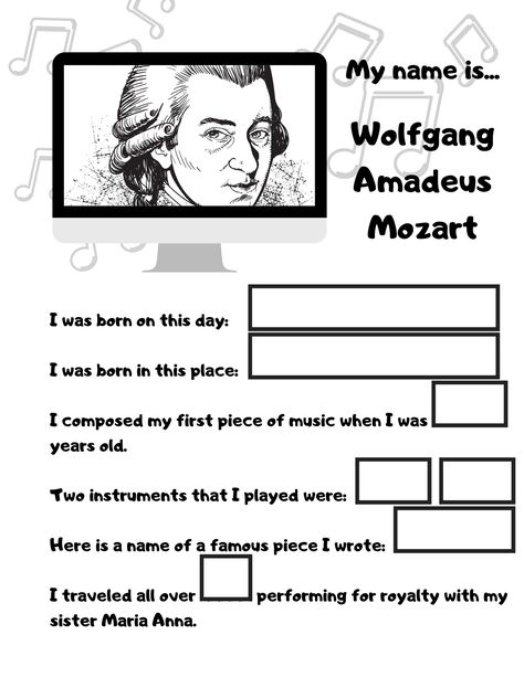 Mozart For Kids, Black Classical Composers, Jeopardy Template, Music Assessments, Crayola Coloring Pages, Piano Games, Note Music, Classical Composers, Composer Study