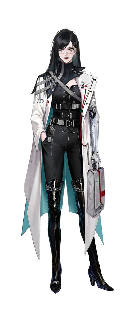 Anime Doctor Woman Art, Female Doctor Character Art, Female Suit Art, Fantasy Doctor Outfit, Female Character Design Cyberpunk, Iron Path To Nowhere, Female Oc Outfits, Doctor Rpg, Female Spy Character Design