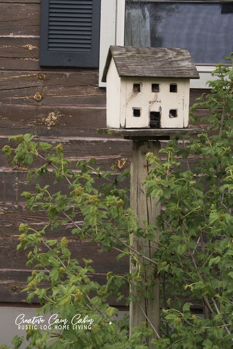 Gardening With Rustic Junk - CREATIVE CAIN CABIN Primitive Garden Ideas, Crib Spring, Rustic Log Home, Backyard Birds Sanctuary, Log Home Living, Cabin Rustic, Beautiful Birdhouses, Birdhouses Rustic, Garden Birdhouses