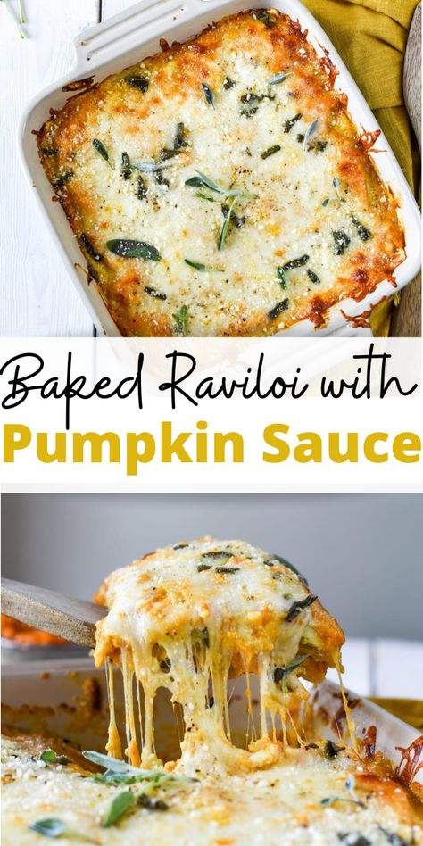 Calling all pumpkin fans! This comforting fall-inspired Baked Ravioli with Creamy Pumpkin Sauce is going to be your go-to all season long. Pumpkin Ravioli Soup, Pumpkin Ricotta Pasta, Pumpkin Dinner Ideas, Pumpkin Ravioli Recipe, Pumpkin Ravioli Sauce, Baked Ravioli Casserole, Sausage Ravioli, Ravioli Soup, Mushroom Ravioli