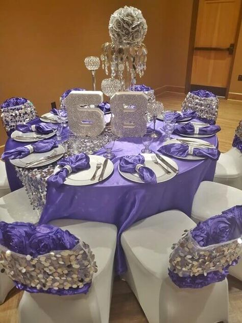 Silver Party Theme, Number Centerpieces, Lavender Napkins, Silver Wedding Theme, Purple Sweet 16, Purple Flower Arrangements, Event Decor Ideas, Party Decorations Table, Navy Blue And Gold Wedding