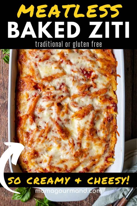 Looking for a creamy, cheesy meatless baked ziti recipe to effortlessly to throw together? Baked ziti with ricotta and mozzarella uses only six ingredients, is freezer-friendly, and easily adapts into a gluten-free baked pasta as well! Gluten Free Ziti Bake, Meatless Baked Pasta, No Ricotta Baked Ziti, Crowd Pleasing Vegetarian Recipes, Easy Baked Ziti Meatless, Baked Ziti Recipe Meatless, Oven Baked Ziti Meatless, Baked Ziti With Zucchini, Cheesy Pasta Bake No Meat