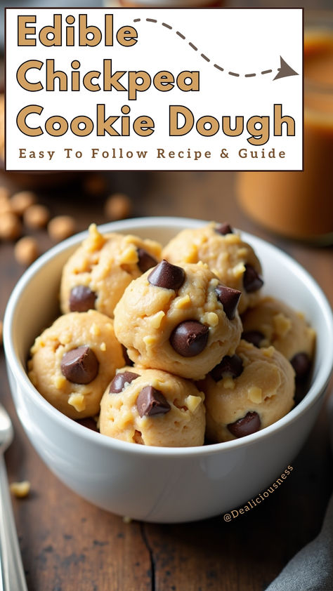 This edible chickpea cookie dough recipe is a game-changer! Made with creamy peanut butter, maple syrup, and dark chocolate chips, it's the perfect healthy edible cookie dough treat you can enjoy guilt-free. Packed with protein from chickpeas, it's smooth, sweet, and ready in just 9 minutes. No baking required! Trust me, you'll want to eat this chickpea cookie dough straight from the bowl! Full Recipe At Dealiciousness.net  #HealthySnacks Chickpea Cookie Dough Nut Free, Chickpea Cookie Dough No Peanut Butter, Chickpeas Cookie Dough, Chickpea Edible Cookie Dough, Edible Cookie Dough Protein, Best Edible Cookie Dough Recipe, The Best Edible Cookie Dough, Best Edible Cookie Dough, Healthy Edible Cookie Dough