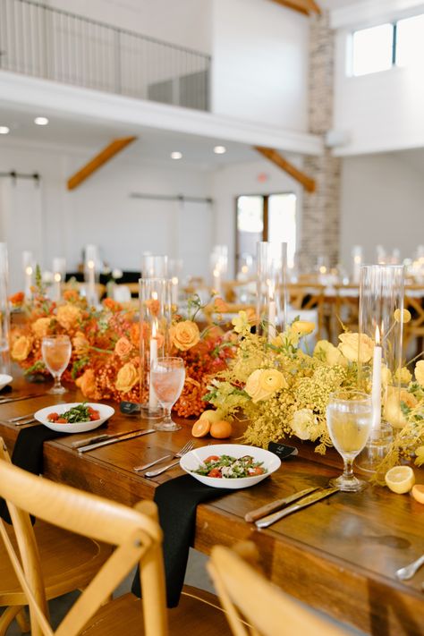 Colorful color block orange and yellow wedding reception table #colorfulreception #orangeweddingreception #yellowweddingreception #rainbowwedding #rainbowweddingreception Yellow Wedding Reception, Pop Of Color Wedding, Yellow Orange Wedding, Minimalistic Wedding, Yellow Table, Rainbow Wedding, Napkin Design, Custom Cocktail Napkins, Color Wedding