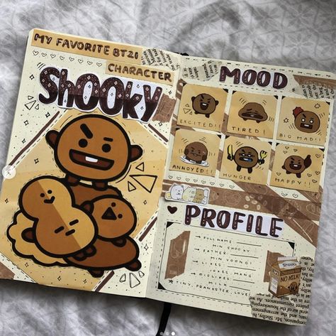 my favorite bt21 character shooky!!! brown and orange aesthetic kpop journal spread!! follow me on instagram for more!! ig : moonjournals Bts Journal, V Chibi, Bullet Journal Cover Ideas, Bullet Journal Aesthetic, Bullet Journal Diy, Bullet Journal School, Diary Ideas, Bullet Journal Writing, Bullet Journal Lettering Ideas