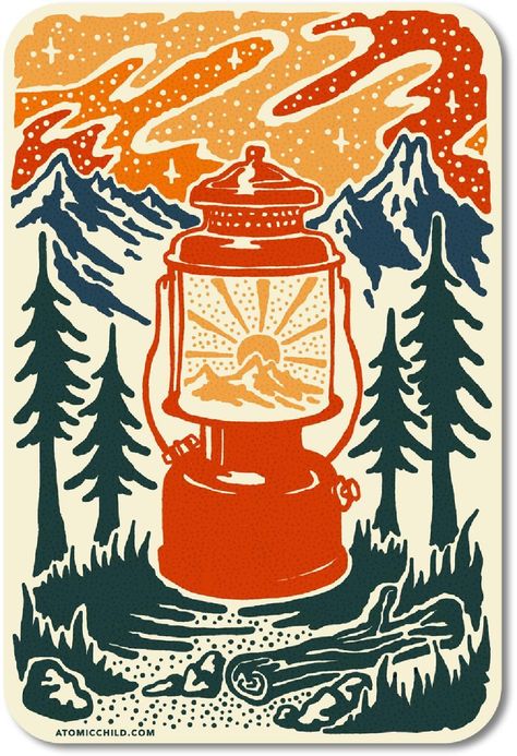 Jazz up your water bottle  laptop or notebook with the Atomicchild Lantern Scene sticker. Wherever you put it  the sticker will serve as a pleasant reminder to start planning your next camping trip. Retro Camping, Outdoor Stickers, Vintage Camping, Camping Art, Camping Trip, Funky Art, Printmaking, Art Inspo, Sticker Design