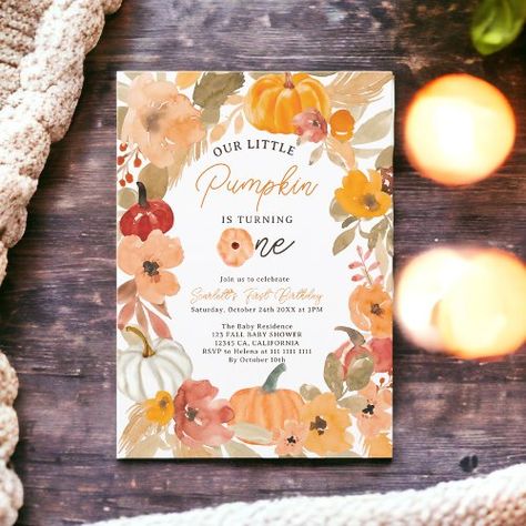 $1.9 | Warm Boho fall Little Pumpkin First Birthday Party - little pumpkin first birthday party, cozy fall 1st birthday invitation, rustic pumpkin watercolor illustrations, hand-painted autumn design, modern typography script font, warm watercolor foliage, charming fall color palette, joyful 1st birthday celebration, autumn pumpkin theme, trendy gender-neutral 1st birthday Little Pumpkin First Birthday, Unique Birthday Ideas, Fall 1st Birthdays, Pumpkin First Birthday, Birth Celebration, Fall Birthday Parties, Hand Painted Pumpkin, Kids Birthday Theme, Birthday Party Invitation Templates