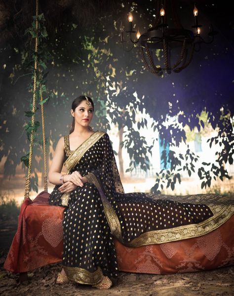 Masakali...Masakali...Masakali Spring/Summer'19  Picture Credits House Ocf  Black banarasi khaddi georgette  saree with kadwa booti paired with a matching raw silk blouse with zardosi hand embroidery .  Available exclusively at  Rimi Singh Studio A 999 Sushant Lok 1  Gurgaon  #9818310054. Black Saree With Golden Border, Saree Golden, Khaddi Georgette Saree, Raw Silk Blouse, Golden Border, Summer 19, Lilac Grey, Black Saree, Black Outfits