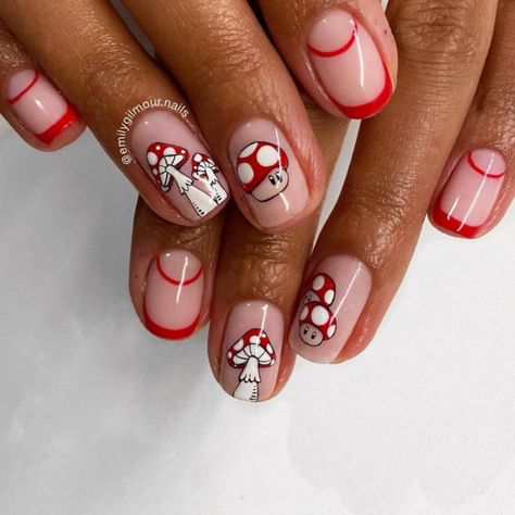 Nail Designs With Mushrooms, Mushroom Design Nails, Nail Designs Trippy, Nail Designs Mushroom, 70s Nail Art, Swirl Nails Summer, Trippy Mushroom Nails, Mushroom Nail Designs, Mushrooms Nails