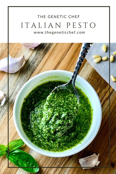 Perfect Italian Pesto - a delicious green sauce made with fresh basil leaves that's perfect for any pasta, salad, or for topping anything from vegetables to proteins. Made in minutes, devoured in seconds. #pesto #Italianpesto #Italian #Italianpestorecipe l #thegeneticchef Peruvian Pesto, Italian Pesto, Sausage Pasta Bake, Baked Rigatoni, Green Pesto, How To Make Pesto, Sausage And Peppers, Green Sauce, Sausage Pasta