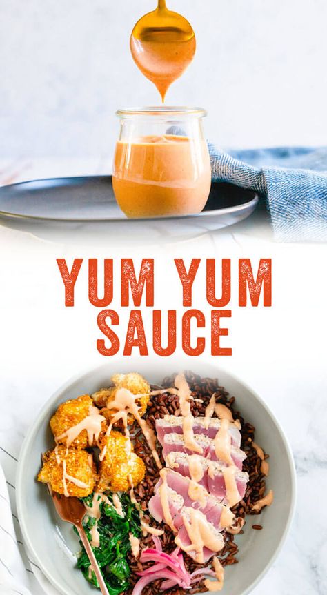 This Yum Yum sauce recipe is an addicting drizzle that's both savory and sweet, perfect for veggies or shrimp. Here's how to make Yum Yum Sauce.﻿ #yumyum #sauce #recipe #mealprep Yumyum Sauce Recipe, Best Yum Yum Sauce, Yumyum Sauce, Yum Sauce Recipe, Yum Yum Sauce Recipe, Gluten Free Sauces, Yum Sauce, Healthy Cook Books, Yum Yum Sauce