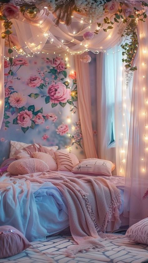 Modern Farmhouse Girls Bedroom, Farmhouse Girls Bedroom, Korean Bedroom Ideas, Purple Bedrooms, Floral Bedroom, Kids Bedroom Inspiration, Kids Interior Room, Redecorate Bedroom, Dream Room Inspiration