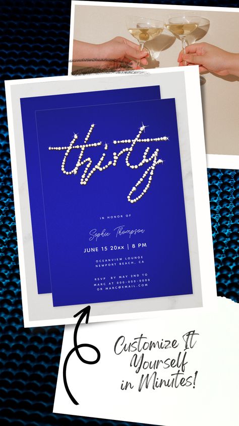 Royal Blue Rhinestones Calligraphy 30th Birthday Invitation for Women 30th Birthday Invitations For Women, 30 Birthday Invitation, Women Template, 30th Birthday Ideas For Women, Thirtieth Birthday, Royal Blue Background, Glam Modern, Thirty Birthday, 30th Birthday Invitations