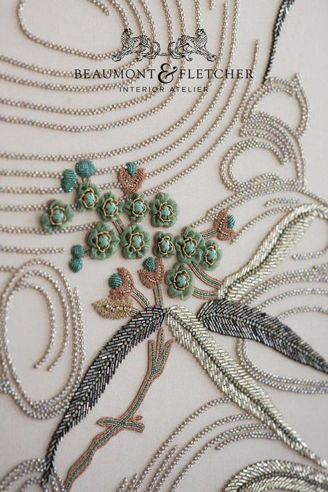 A close up of an Art Deco inspired hand embroidered fabric with exquisite metallic beadwork and appliqued flowers Art Deco Textiles, Art Deco Beading, Art Deco Interiors, Deco Interiors, Zardosi Embroidery, Couture Fabric, Embroidery Stitches Beginner, Hand Work Design, Floral Embroidery Patterns