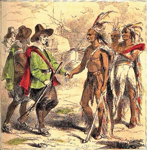 pilgrims and Indians - Google Search Pilgrims And Indians, Plymouth Colony, Thanksgiving History, Sitting Bull, Thanksgiving Pictures, Shaking Hands, Colonial History, Colonial America, Vintage Thanksgiving