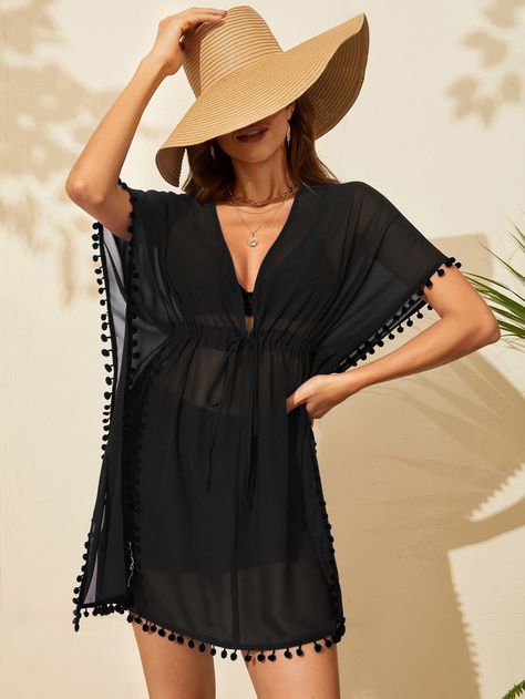 Black  Collar Short Sleeve Fabric Plain  Embellished Non-Stretch  Swimming & Beach Skirt Set Two Piece, Look Plus Size, Beach Coverup Dress, Plunging Neck, Women's Cover Up, Tie Sleeve, Beach Covers, Fashion Seasons, Chiffon Lace