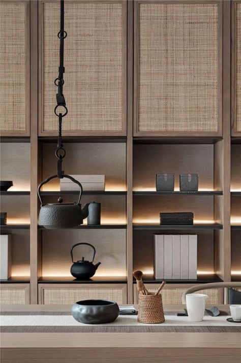 Zen Interiors, Japandi Interiors, Chinese Interior, Japandi Interior, Japanese Interior, Furniture Details, Shelf Design, Cabinet Design, Tea Room