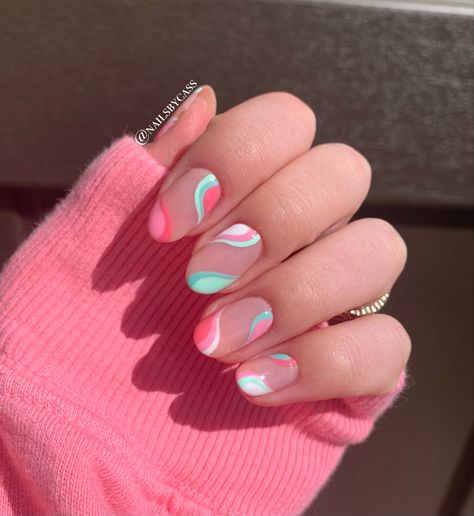 Cute Nails Summer Almond, Vibrant Summer Nails Almond, Cute Nail Designs For Teens, Summer Nails For Teens, Summer Nails Preppy, Preppy Nail Ideas, Preppy Summer Nails, Slay Nails, Nike Nails