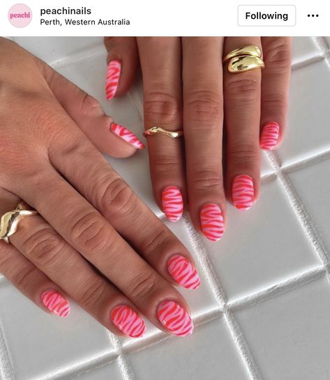 Pink And Orange Gel Nails, Gel Nails Pink And Orange, Pink And Orange Nail Tips, Pink And Orange Gel Nails Short, Orange And Pink Nails Swirls, Zebra Stripe Nails, Zebra Nail Designs, Pink Zebra Nails, Zebra Print Nails