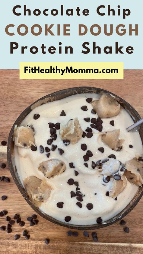 Chocolate Chip Cookie Dough Protein Shake Chocolate Chip Cookie Protein Shake, Monster Cookie Protein Shake, Protein Shake Bar At Home, Smores Protein Shake, Premier Protein Cookie Dough Shake Recipes, Dessert Protein Shake, Protein Shake Dessert Recipes, Cookie Dough Protein Shake, Chocolate Chip Protein Shake