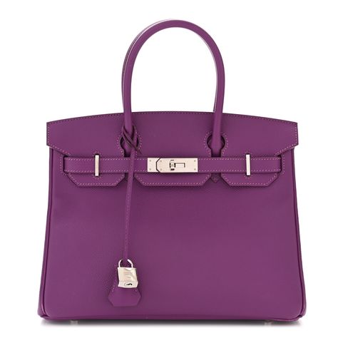 This is an authentic HERMES Epsom Birkin 30 in Anemone. This stylish Birkin handbag is crafted of luxurious epsom leather in a deep purple. This bag features rolled leather top handles, a crossover flap with a strap closure, and a polished palladium plated turn lock and hardware. This opens to a matching matte goatskin leather interior with zipper and patch pockets. Purple Birkin, Birkin Bags, Birkin Handbags, Birkin 30, Anemone, Leather Interior, Birkin Bag, Leather Top, Deep Purple