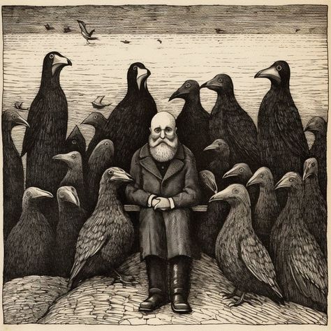 Mysterious and Macabre: A Monochrome Edward Gorey Styled Original Art Piece | Digital Print | Download Art | Wall Art by CustomCanvasCurators 🖤 Calling all mysterious art lovers! 🦅 Step into the eerie world of Edward Gorey with this captivating original art piece. The monochrome masterpiece features a bald man surrounded by black birds, exuding drama and mystery. 😱 Perfect for those who appreciate the macabre and love unique, attention-grabbing decor. This piece is a must-have for your coll... Dark And Gloomy, Man With A Beard, Edward Gorey, Black Birds, Bald Man, Macabre Art, Art Wall Art, Artist Style, Famous Artists