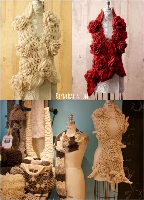 FREE Crochet Pattern: Gorgeous Irish lace Scarf with Roses Diy Infinity Scarf, Irish Lace Crochet Pattern, Rose Scarf, Crochet Cardigan Sweater, Pretty Crochet, Baby Garments, Crochet Girls, Crochet Tutorials, Diy Tags