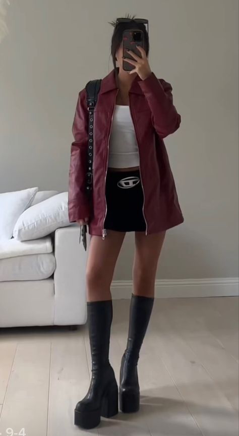 Platform Chunky Boots Outfit, Autumn Outfits Red Leather Jacket, Red High Heel Boots Outfits, Red And Leather Outfit, Red Boots Outfit Ideas, Fall 2023 Fashion Trends Red, Pop Of Red Outfit Fall, Cherry Red Jacket Outfit, Red High Boots Outfit