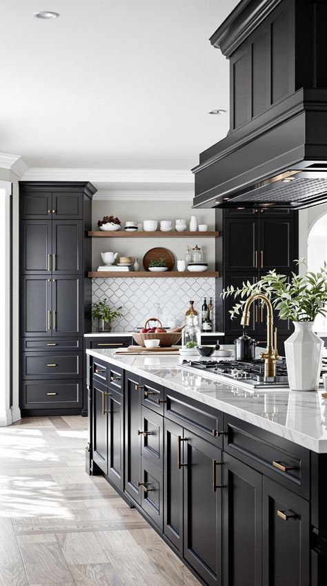 Black and White Modern Kitchen Ideas Black Vs White Kitchen Cabinets, Classic Black And White Kitchen, Black Kitchen Cabinets With Black Countertops, Black Cabinet White Countertop, Small Black Kitchen Ideas, Black Marble Island, Black Kitchen Remodel, Black And White Modern Kitchen, Contrast Kitchen