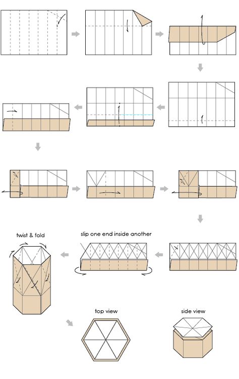 Hexagonal Box. Make two: remember the bottom half must be smaller so take off a centimeter or so to make the bottom a bit slimmer. Insert round so that the folded down corner is on the outside. The flaps left at the ends can be tucked in neatly. Origami Hexagon Box Tutorials, Hexagon Origami, Origami Box Instructions, Origami Kutu, Hexagon Template, Box Origami, Origami Boxes, Origami Diamond, Box Folding