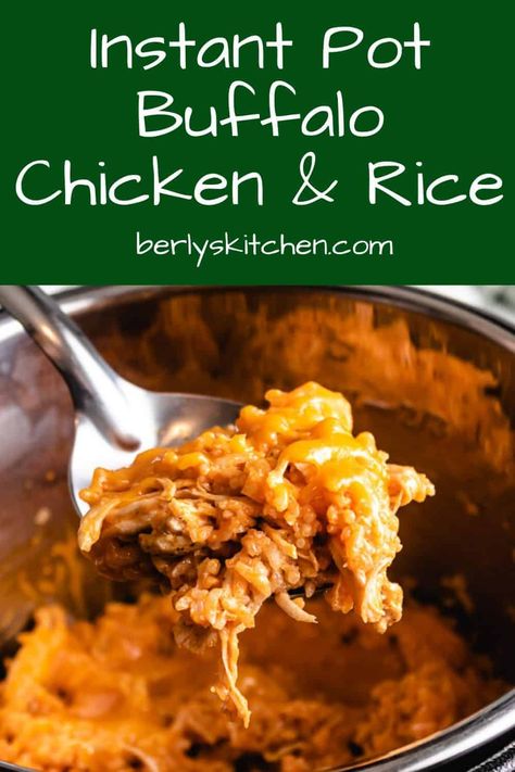 Instant Pot Buffalo Chicken and Rice - An amazing, flavorful meal that pairs shredded buffalo chicken, ranch dressing, and tender, long grain white rice. #berlyskitchen Buffalo Chicken And Rice, Instant Pot Chicken Fried Rice, Buffalo Chicken Rice, Instant Pot Buffalo Chicken, Long Grain White Rice, Chicken Jambalaya, Shredded Buffalo Chicken, Crockpot Express, Ham And Cheese Sliders