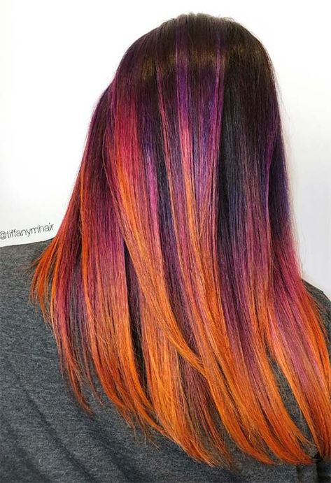 Sunburst Hair Color, Copper And Magenta Hair, Desert Sunset Hair, Sunflower Hair Color Ombre, Sunrise Hair, Halloween Hair Color Ideas, Halloween Hair Color, Sunset Hair Color, Sunset Hair