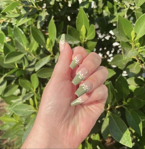 Acrylic Nails White With Flowers, Safe Green Nails Acrylic, Cute Olive Green Nails, Flower Nail Designs Green, Sage Green Ballerina Nails, Olive Green Spring Nails, Olive Green Acrylic Nails Designs, Green French Tip With Flowers, Green With Flowers Nails