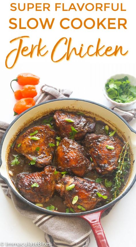 Slow Cooker Jerk Chicken - Immaculate Bites Slow Cooker Jerk Chicken, Crockpot Slow Cooker, Jerk Chicken Recipe, Delicious Slow Cooker Recipes, Jamaican Dishes, Chicken Easy, Slow Cooked Meals, Healthy Slow Cooker, Slow Cooker Recipes Healthy