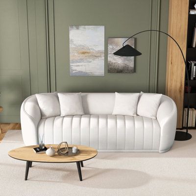 This comfortable living room couch will provide a fresh and pleasing look to your space and will be the center of attention thanks to its design. This designer-style French boucle sofa creates an inviting space for your guests or family entertainment activities. Combining quality craftsmanship and high-density foam, this set will provide you with great comfort and undoubtedly become the centerpiece of your apartment, living room, den, urban loft, or condo. All pieces are made of top-quality fabr Mid Century Modern Luxury, Boucle Couch, Living Room Game Room, Curvy Silhouette, Spacious Sofa, Gold Sofa, White Upholstery, Style Français, Urban Loft