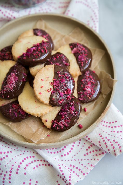 Rose Water Shortbread Cookies Rose Water For Skin, Shortbread Cookies Recipe, Christmas Cookie Recipes Holiday, Chocolate Dipped Cookies, Rose Cookies, Rose Recipes, Freeze Dried Raspberries, Dipped Cookies, Dried Raspberries