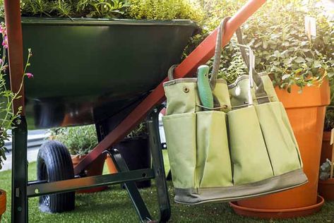 Tote Bag Hanging on Wheelbarrow | GardenersPath.com Tool Bag Organization, Tool Tote Bag, Tote Organizer, Garden Tool Bag, Gardening Tool Kit, Garden Tote Bag, Tool Tote, Garden Bags, Garden Tool Storage