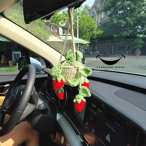 Car Plants, Crochet Hanging Plant, Hanging Plant Basket, Car Crochet, Crochet Plants, Crochet Succulent, Crochet Hanging, Crochet Tree, Strawberry Design