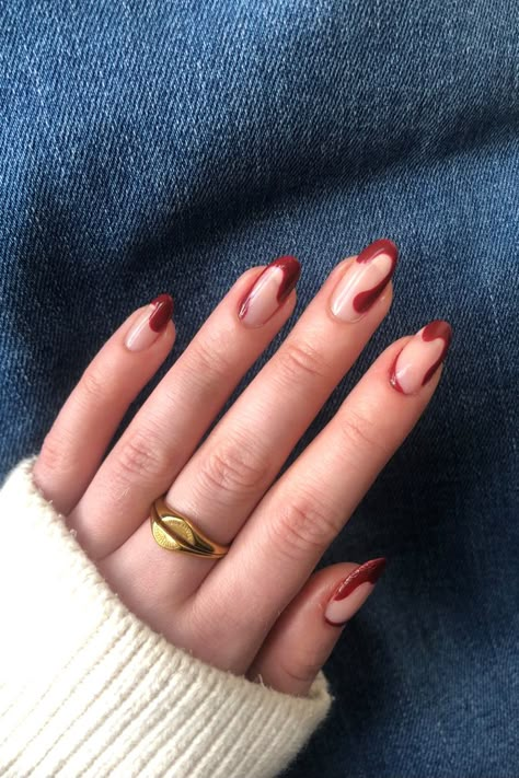 Abstract Simple Nails, Burgundy Abstract Nails, Classy Abstract Nails, Tier 1 Nail Art, Minimalist Abstract Nails, Nail Ideas Abstract, Simple Abstract Nails, Red Swirl Nails, Abstract French Tip Nails