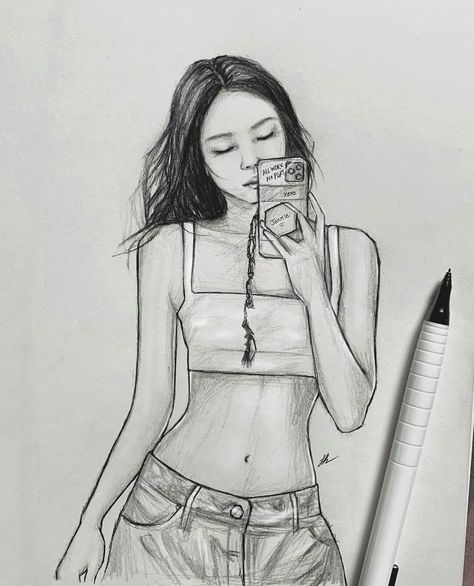 Jennie Painting Art, Blackpink Jennie Drawing Easy, Jennie Kim Drawing Sketch, Jennie Drawing Pencil, Jennie Drawing Sketch, Kim Jennie Drawing, Jennie Art Drawing, Kpop Drawings Blackpink, Blackpink Art Sketch