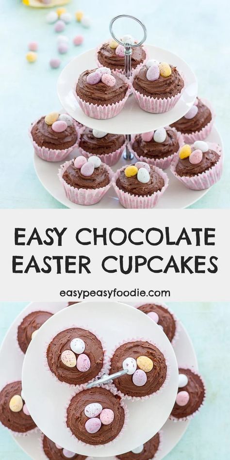 Delicious chocolate cupcakes, topped with chocolate buttercream and decorated with mini eggs – these Easy Chocolate Easter Cupcakes are quick and simple to make and require no special equipment or cake decoration skills! #eastercupcakes #minieggcupcakes #chocolatecupcakes #easyeastercupcakes #eastercakes #easterbaking #easterdesserts #easterentertaining #cadburysminieggs #cadburyminieggs #cadburys #cadbury #easterfood #easterdessert #easyeasterdessert #eastertreats #easterrecipe #easypeasyfoodie Chocolate Easter Cupcakes, Mini Egg Recipes, Easter Cupcakes Easy, Easy Easter Desserts, Bake Sale Recipes, Cupcake Tray, Frozen Chocolate, Easter Baking, Easter Cupcakes