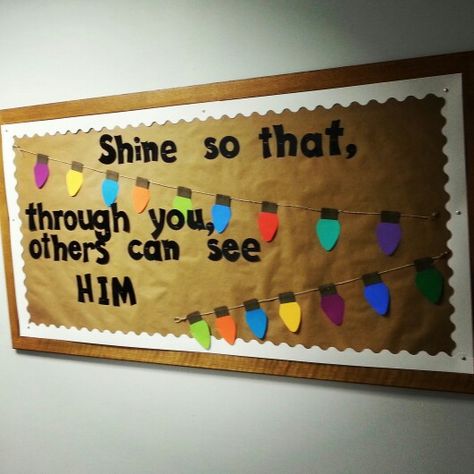 Sunday school Christmas bulletin board.  "Shine so that, through you, others can see Him" Preschool Winter Bulletin Boards, Christmas Church Bulletin Boards, Winter Church Bulletin Boards, Winter Bulletin Boards For Church, Christian Christmas Bulletin Board Ideas, Sunday School Bulletin Board Ideas, January Bulletin Board Ideas, Childrens Ministry Christmas, Fall Church Bulletin Boards