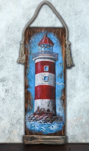 Spring Tree Art, House Wall Decor, Beach House Wall Decor, Painted Driftwood, Nautical Home Decor, Lighthouse Painting, Lighthouse Art, Wood Slice Art, Wood Pallet Art