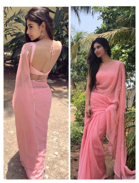 Bollywood Sarees, Sarees For Girls, Saree Wearing Styles, Indian Sari Dress, Backless Blouse Designs, Mouni Roy, Metal Jewellery, Net Lehenga, Saree Designs Party Wear