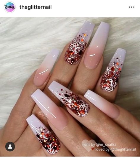 ❤️✨French Ombre with Red Glitter Fade and Snowflakes on Long Coffin Nails✨❤️ Long Coffin Nails, French Fade, Winter Nails Acrylic, Cute Christmas Nails, Cute Acrylic Nail Designs, Fall Acrylic Nails, Christmas Nails Acrylic, Coffin Nails Long, Glitter Ombre