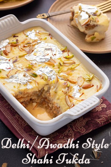 Close up shot of Shahi Tukda in ceramic dish with a cut showing the layers within Shahi Tukra, Recipes Using Condensed Milk, Shahi Tukda Recipe, Eid Dessert Recipes, Shahi Tukda, Easy Indian Dessert, Awesome Desserts, Spirit House, Fried Bread