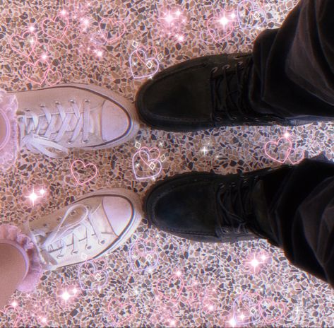 white converse high, pink socks with a little fluff at the top, and the other person has black combat boots and black pants Pink Vs Black Aesthetic Couple, Goth X Soft Couple, Opposites Attract Aesthetic Couple, Goth Bf And Soft Gf, Opposites Couple, Pink Gf Goth Bf, Emo X Soft Couple, Pink And Black Couple, Pink X Black Aesthetic Couple